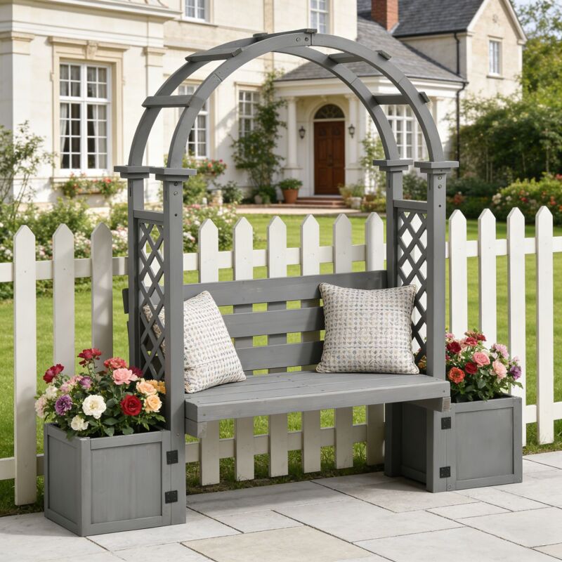 Banc de Jardin avec Arche et Jardinières Intégrées - Bois de Sapin, Gris - Support pour Plantes Grimpantes pour Terrasse et Cour