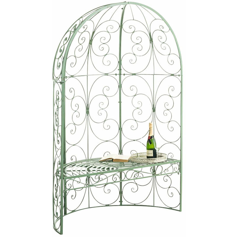 Décoshop26 - Banc de jardin avec arche à rosiers en métal vert vieilli style vintage MDJ10185