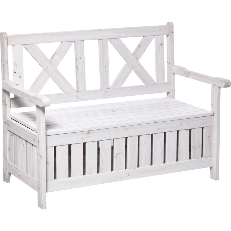 Banc de jardin avec coffre de rangement en bois de sapin 115x61x85cm, résiste aux intempéries, blanc