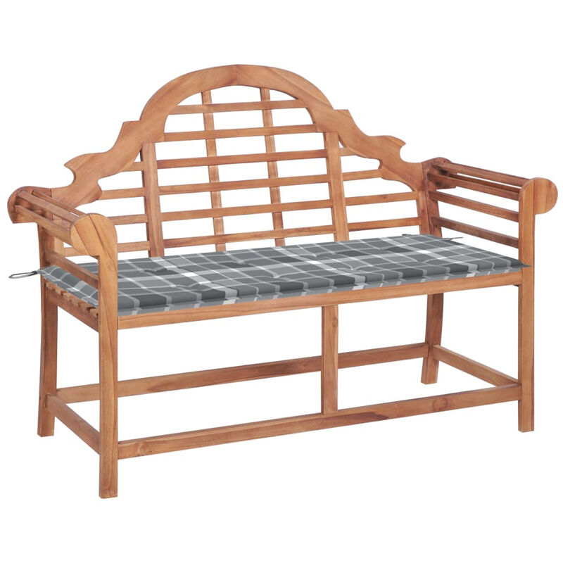 Banc de jardin avec coussin a carreaux gris 120 cm Teck massif