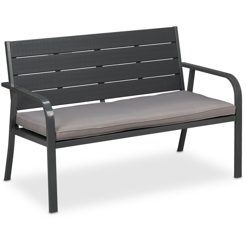 Banc de jardin avec coussin, aspect bois, HxLxP : env. 78 x 118 x 66 cm, 2 places, stable, en plastique, gris - Relaxdays