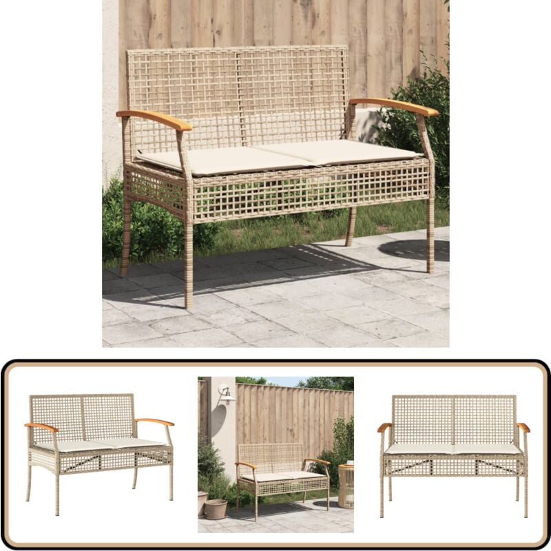 Banc de jardin avec coussin beige résine tressée et acacia - Banc De Jardin - Fauteuil De Jardin - Mobilier De Jardin - Chaise Longue - Résine Tressée