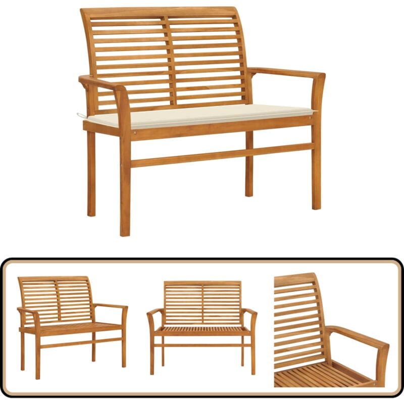 Banc de jardin avec coussin crème 112 cm Bois de teck massif - Banc De Jardin - Mobilier De Jardin - Banc En Bois - Teck - Meubles De Jardin