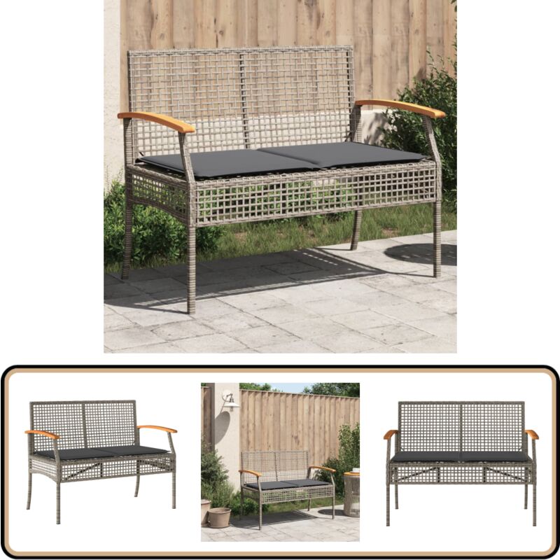 Banc de jardin avec coussin gris résine tressée et acacia - Banc De Jardin - Fauteuil De Jardin - Mobilier De Jardin - Chaise Longue - Résine Tressée