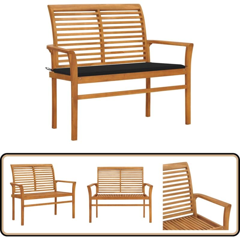 Banc de jardin avec coussin noir 112 cm Bois de teck massif - Banc De Jardin - Banc Exterieur - Mobilier De Jardin - Meubles De Jardin - Teck