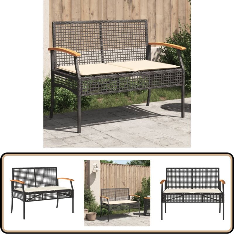 Banc de jardin avec coussin noir résine tressée et acacia - Chaise De Jardin - Banc Extérieur - Mobilier De Jardin - Résine Tressée - Rotin