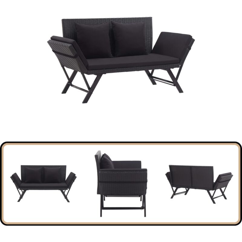 Banc de jardin avec coussins 176 cm Noir Résine tressée - Lit De Bronzage - Banc De Jardin - Mobilier De Jardin - Chaise Longue - Résine Tressée