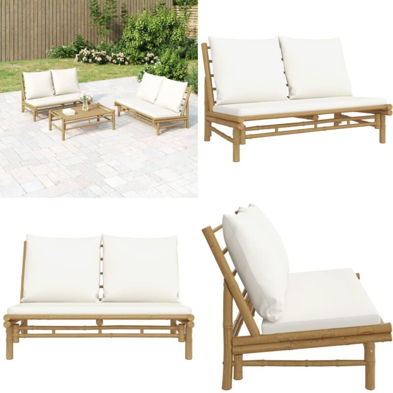 Banc de jardin avec coussins blanc crème bambou - Banc De Jardin - Mobilier De Jardin - Chaise De Jardin - Meubles De Jardin En Bambou - Banc Pliable