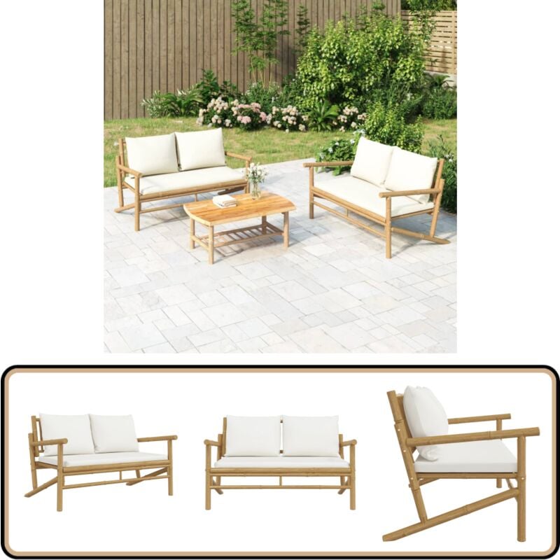 Banc de jardin avec coussins blanc crème bambou - Banc De Jardin - Mobilier De Jardin - Chaise Extérieure - Canapé D'extérieur - Meubles En Bambou