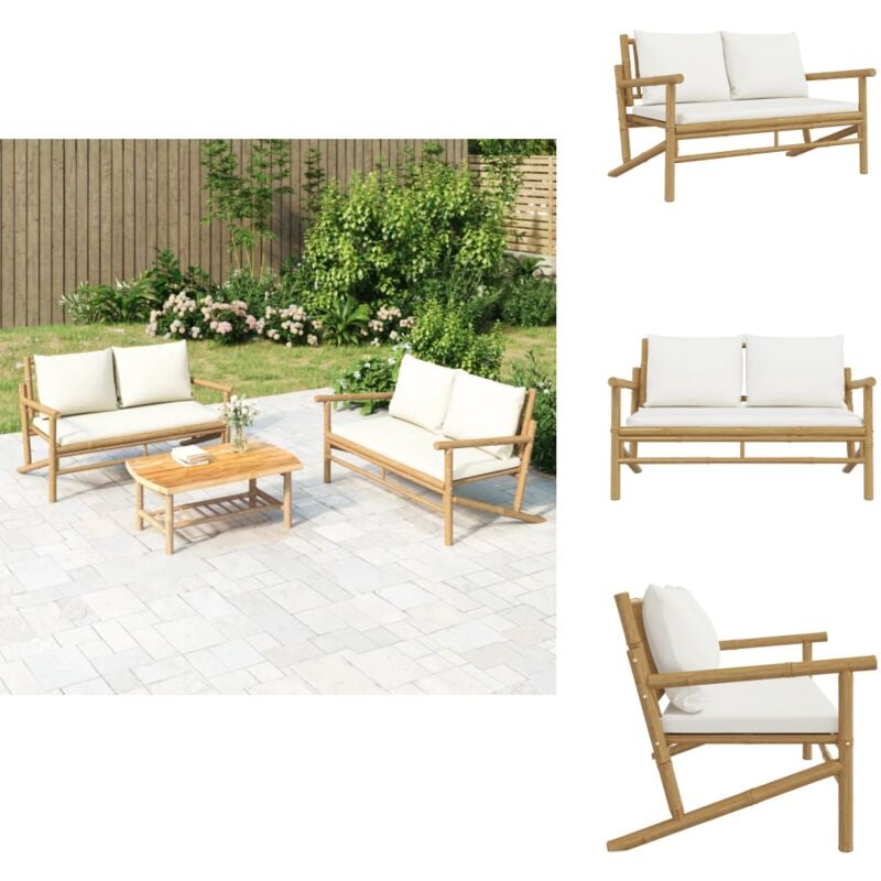 Banc de jardin avec coussins blanc crème bambou - Banc De Jardin - Mobilier De Jardin - Chaise Extérieure - Canapé D'extérieur - Meubles En Bambou