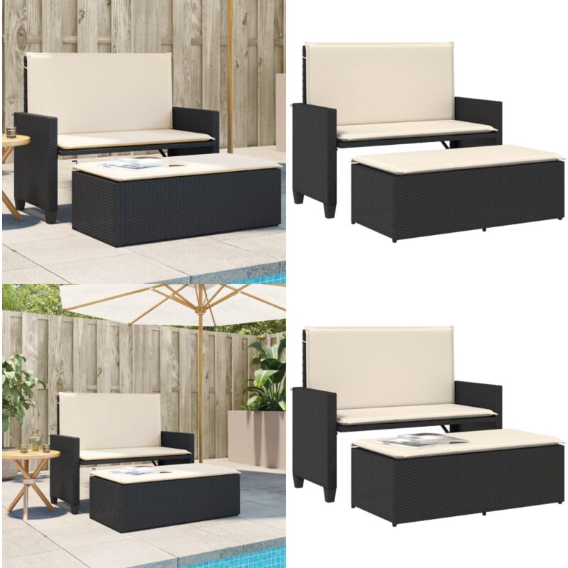 Banc de jardin avec coussins et repose-pied noir résine tressée - Banc De Jardin - Meuble De Jardin - Salon De Jardin - Chaise Longue - Canapé-lit