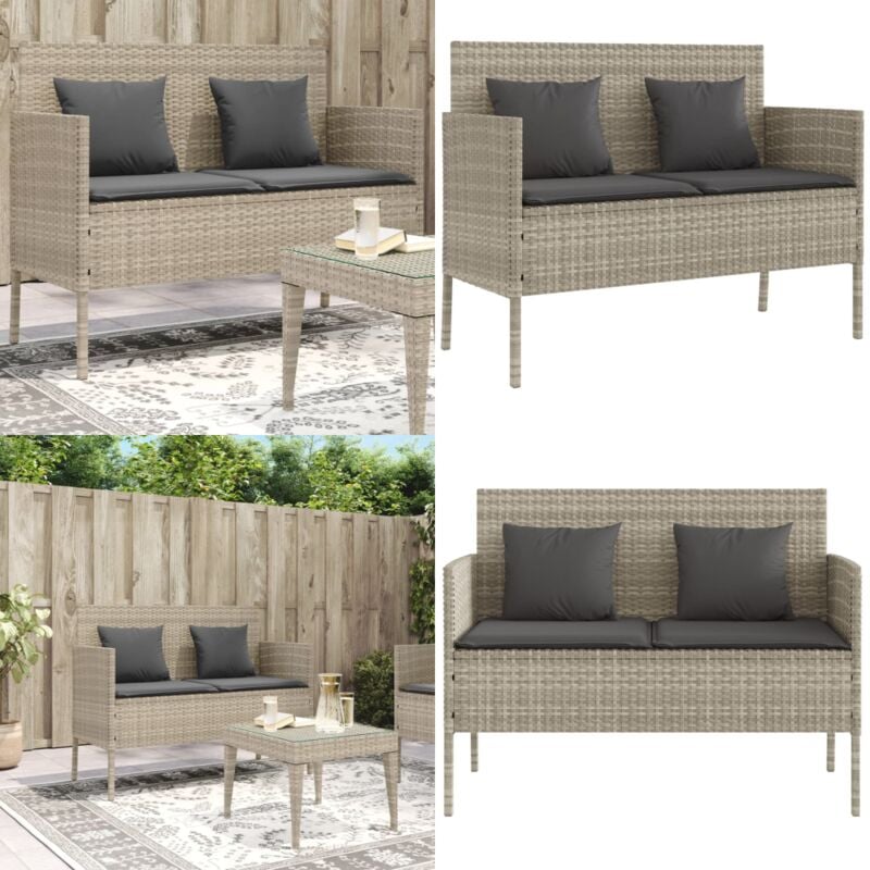 Banc de jardin avec coussins gris clair résine tressée - Banc De Jardin - Meuble De Jardin - Mobilier De Jardin - Chaise Extérieure - Rangement