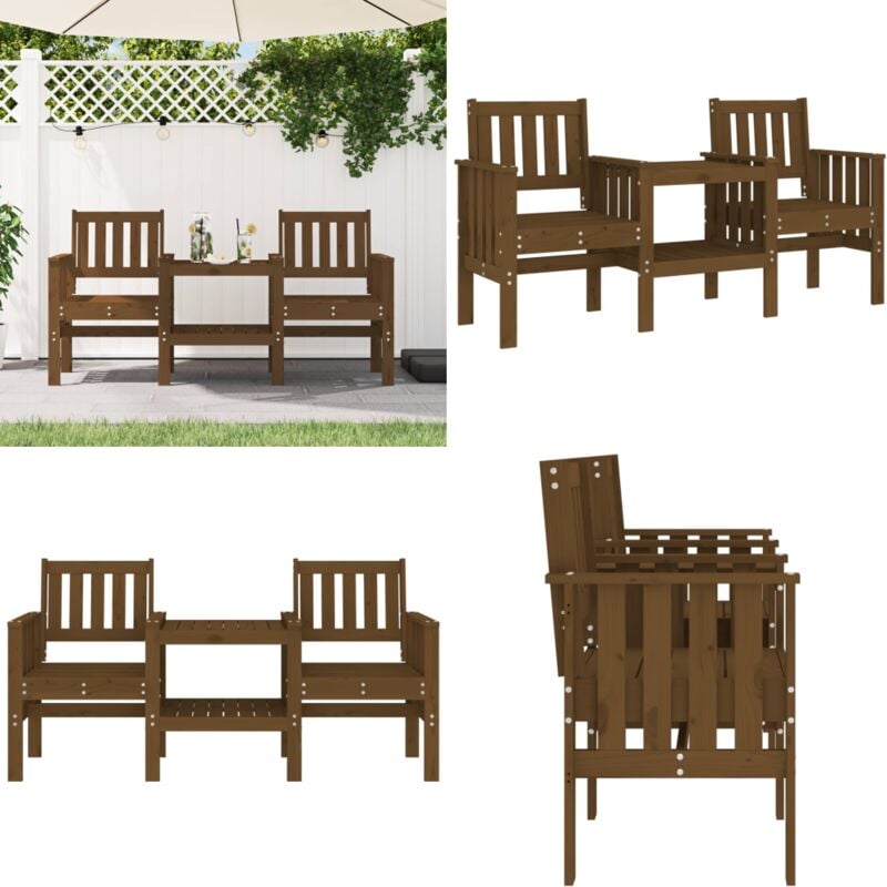 Banc de jardin avec table 2 places brun miel bois massif de pin - Banc De Jardin - Mobilier De Jardin - Banc Extérieur - Table Intégrée - Bois Massif