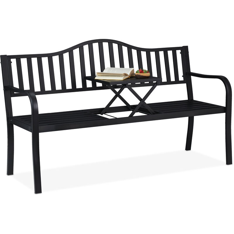 Relaxdays - Banc de jardin avec table pliante, 3 places, solide, jardin, métal, balcon, HLP: 89 x 150 x 58,5 cm, noir
