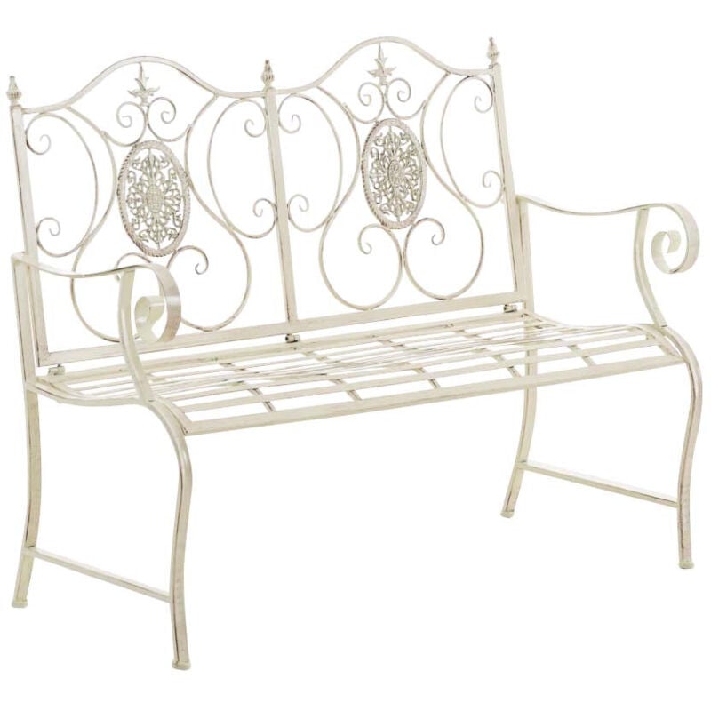 Banc de jardin balcon terrasse style rustique largeur 116 cm en métal crème vieilli 100002926