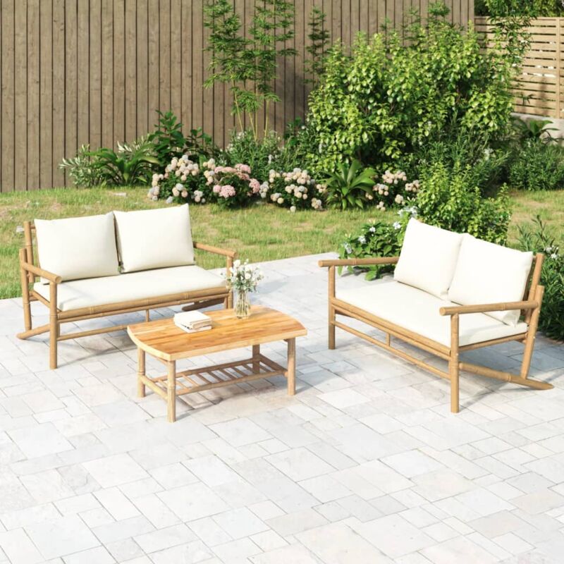 Banc de jardin Banc d'extérieur Banquette avec coussins blanc crème bambou 49257