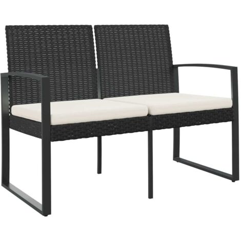 Banc de jardin  Banc extérieur  Banquette de jardin à 2 places avec coussins noir rotin PP