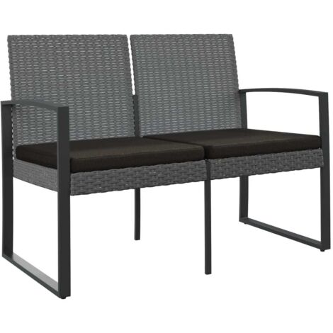 Banc de jardin  Banc extérieur  Banquette de jardin à 2 places et coussins gris foncé PP rotin