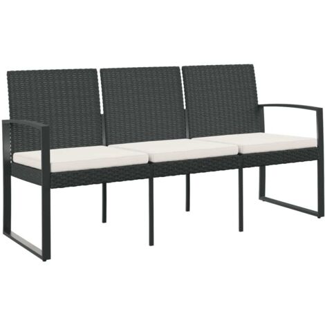 Banc de jardin  Banc extérieur  Banquette de jardin à 3 places avec coussins noir rotin PP