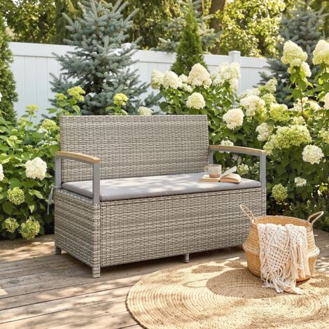 Banc de Jardin Banquette avec Coffre de Rangement 170L 2 Places Coussin Déhoussable Résine Tressée 120x60x84cm Gris