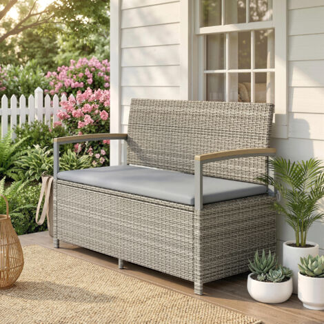 Banc de Jardin Banquette avec Coffre de Rangement 170L 2 Places Coussin Déhoussable Résine Tressée 120x60x84cm Gris