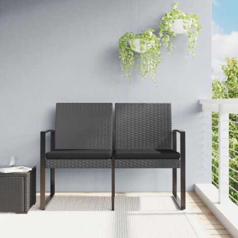 Banc de jardin-Banquette de jardin-Chaise de jardin  à 2 places et coussins gris foncé PP rotin