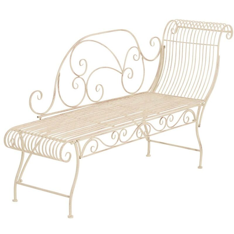 Banc de jardin banquette design en fer forgé crème vieilli dossier côté droit 156x46 cm MDJ10192 Banc de jardin banquette design en fer forgé crème vieilli dossier côté droit 156x46 cm MDJ10192