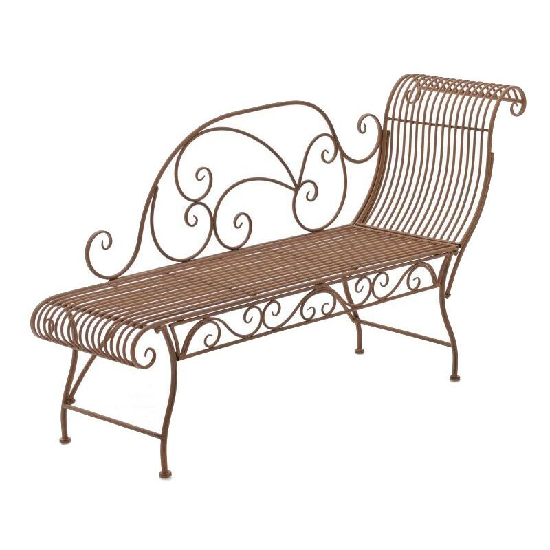 Banc de jardin banquette design en fer forgé marron vieilli dossier côté droit 156x46 cm