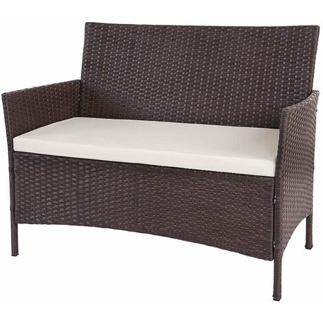 Banc de jardin banquette en polyrotin marron chiné avec coussin crème - marron