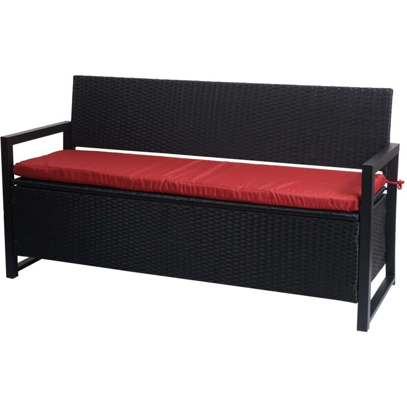 Banc de jardin coffre 3 places avec rangement en poly-rotin anthracite et coussin bordeaux 040010315
