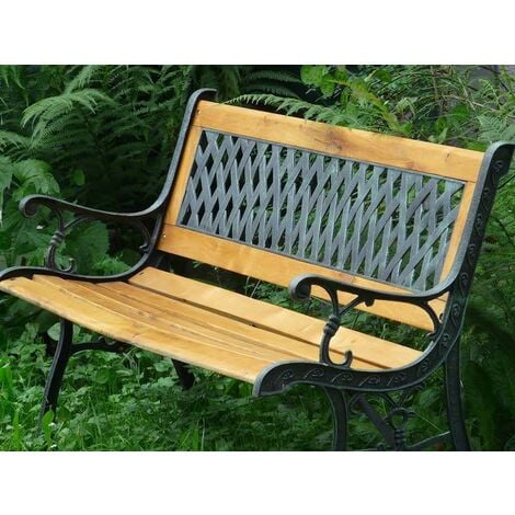 Banc de jardin en bois et fonte de fer avec dossier à motif grille