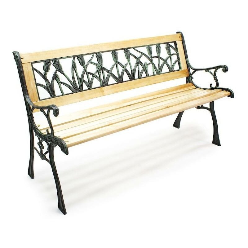 Le Poisson Qui Jardine - Banc de jardin en bois et fonte de fer avec dossier à motif tulipe double grille
