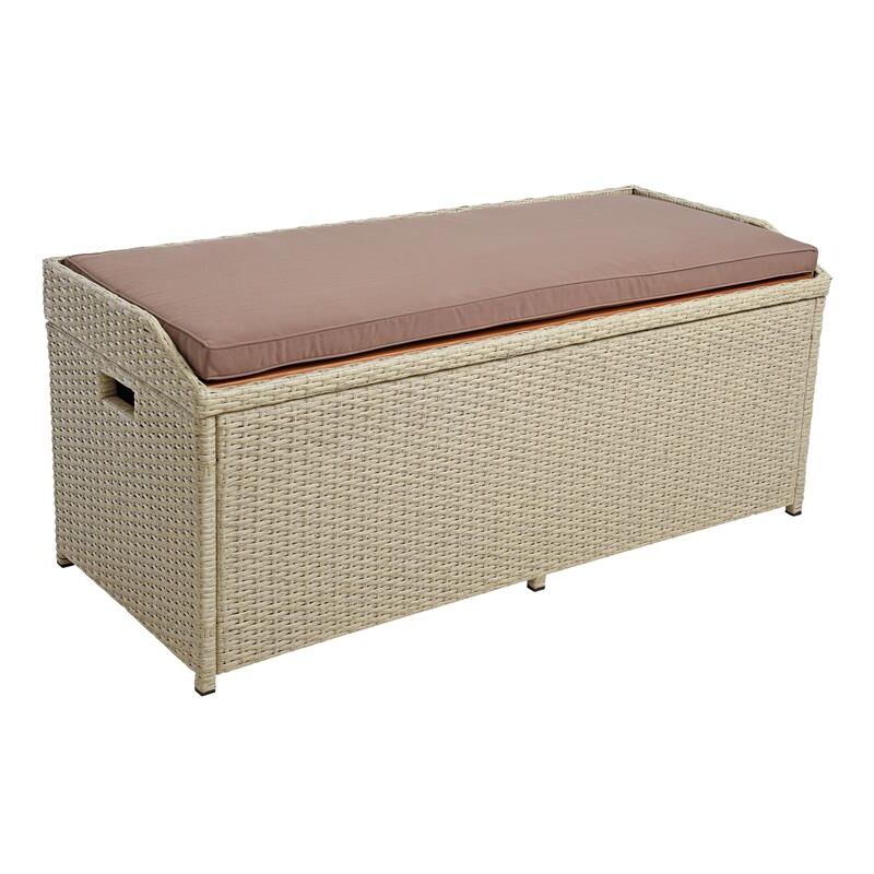 Banc de jardin en polyrotin avec coffre de rangement coussins, banc avec coffre beige