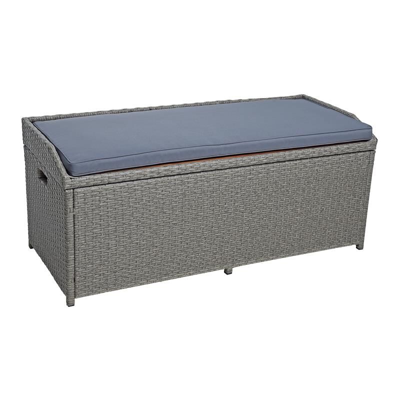 Banc de jardin en polyrotin avec coffre de rangement coussins, banc avec coffre gris-mix
