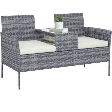 Banc de Jardin en résine tressée 2 Places avec Table et Coussins - 135 x 64 x 81 cm - pour Balcon et Terrasse Noir