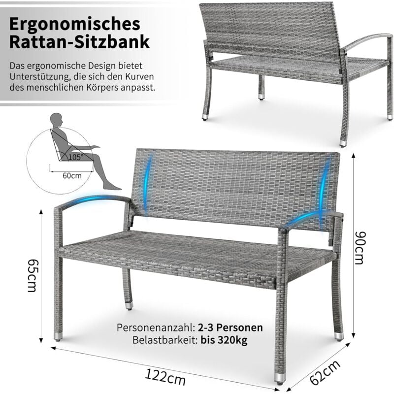 Banc de Jardin en Rotin, Banc Extérieur, Banc Balcon 2 Places,Mobilier de Jardin,Rotin Double Face,122x62x90cm, Gris