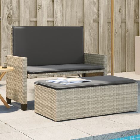 Banc de jardin et coussins et repose-pied-Banquette de jardin gris clair poly rotin