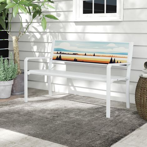 Banc de Jardin Extérieur Banc de Patio 2 Places en Métal avec Dossier Décoratif Assise à Lattes et Accoudoirs Chaise Longue 2 Places Blanc