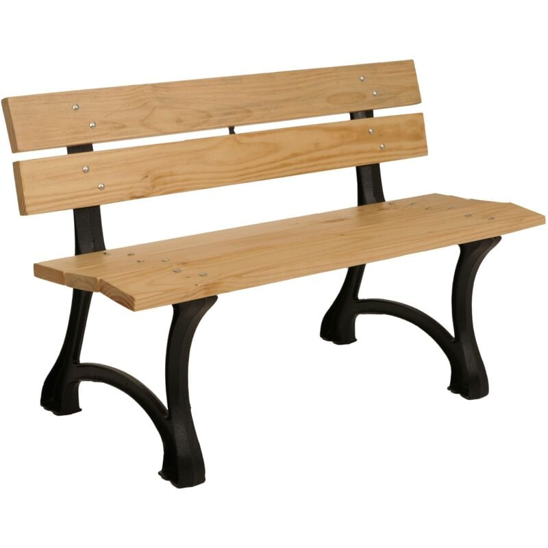 Banc de jardin HHG 436, Banc de parc Banc en bois 2 places, fonte bois pin, 125cm, marron clair