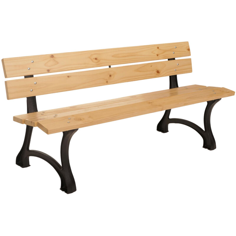 Banc de jardin HHG 436, Banc de parc Banc en bois 3 places, fonte bois pin, 170cm, brun clair