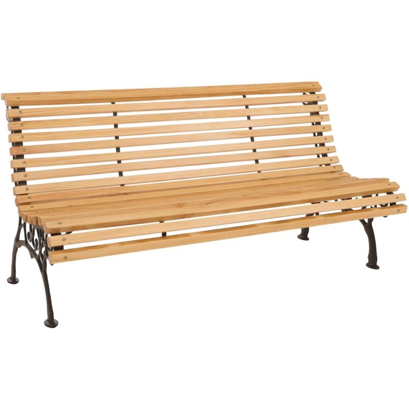 Banc de jardin HHG 439, banc 3 places en bois et fonte, 160 cm, naturel