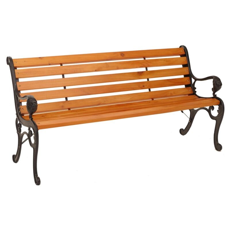 Banc de jardin HHG 444, banc 3 places en bois et fonte, 164 cm, teck