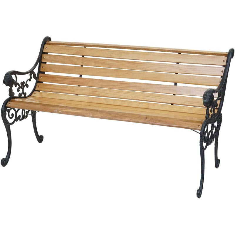 Banc de jardin HWC-F98, banc du parc, banquette en bois, fonte, 2 places, 125cm, 20kg - marron clair