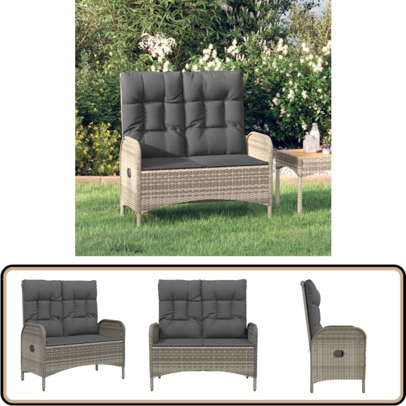 Banc de jardin inclinable avec coussins 107 cm Poly rotin Gris - Banc De Jardin - Meuble De Jardin - Chaise De Jardin - Fauteuil De Jardin - Résine