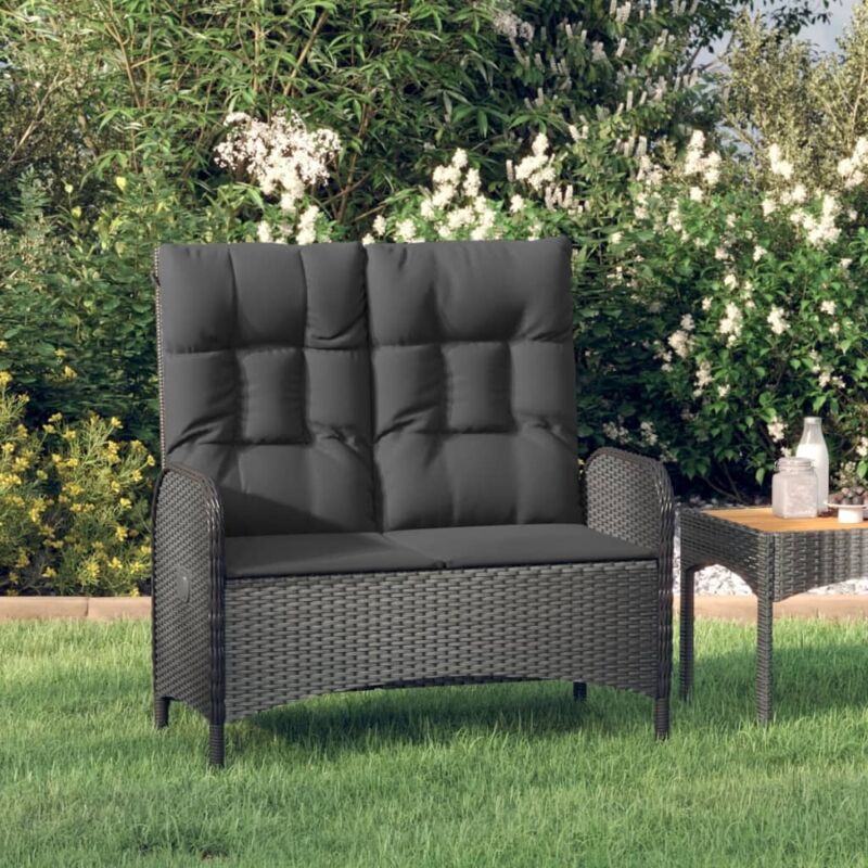 Banc de jardin inclinable avec coussins 107 cm Poly rotin Noir Vidaxl