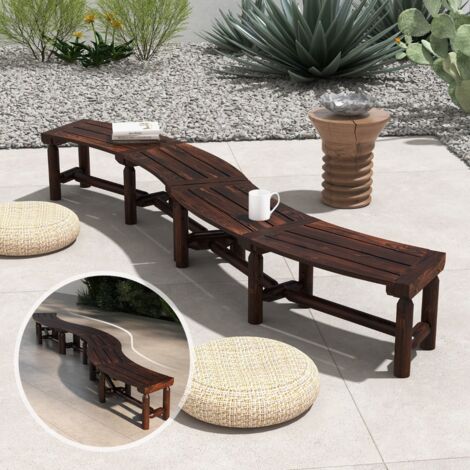 Banc de Jardin Incurvé 2 Places Siège à Lattes Charge 325 KG Banquette d'Extérieur en Bois Carbonisé 139x36x4CM