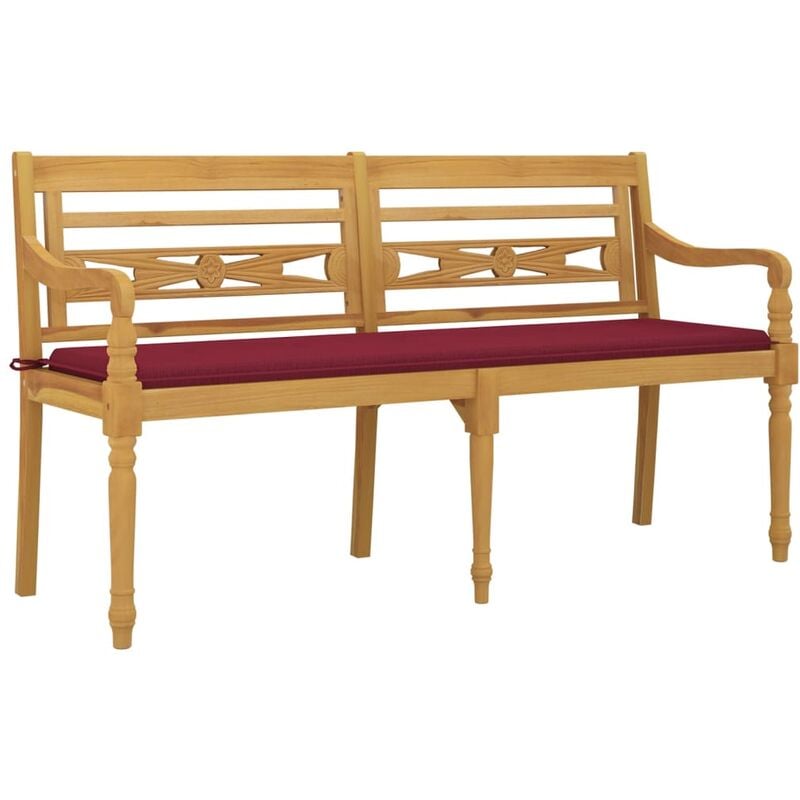 Banc de jardin meuble de patio d'extérieur terrasse avec coussin rouge bordeaux 150cm bois teck massif