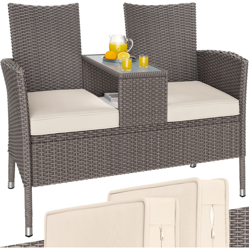Banc de jardin polyrotin 2 crème/beige places table plateau coussins au choix Crème