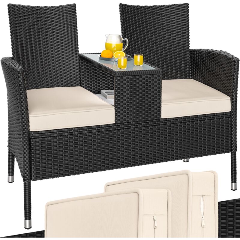 Banc de jardin polyrotin 2 crème/beige places table plateau coussins au choix Anthracite