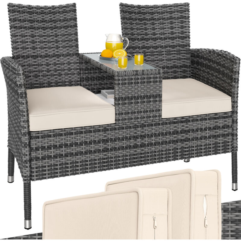 Banc de jardin en polyrotin 2 places avec coussins table intégrée 143 x 64 x 87 cm Salon de jardin extérieur Gris
